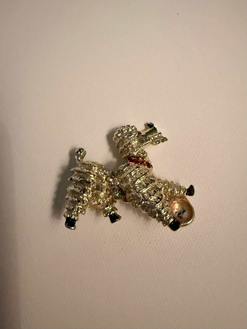 Rhinestone Dog Brooch in Gold Tone with Black and Red Accents
